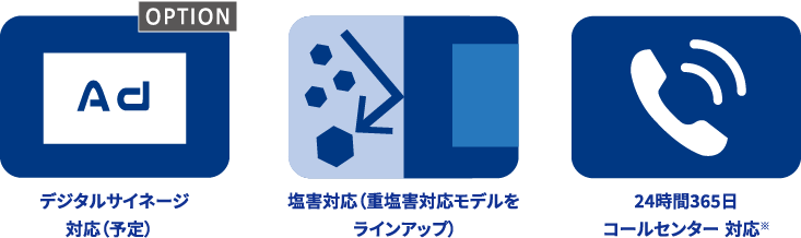 デジタルサイネージ対応（予定） 塩害対応（重塩害対応をラインアップ） 24時間365日コールセンター対応※