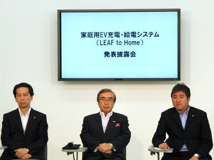 日産自動車　常務執行役員　西澤　正昭（左）、ニチコン　  会長　武田　一平（中央）、日産自動車　執行役員　渡部　英朗（右）