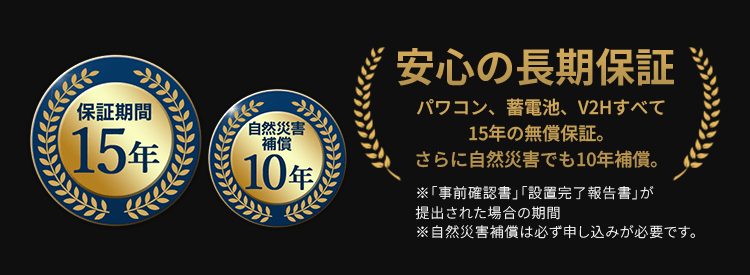 安心の長期保証。パワコン、蓄電池、V2Hすべて15年の無償保証。さらに自然災害でも10年補償。