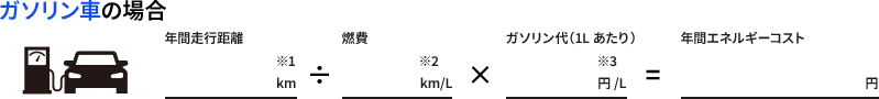 ガソリン車の場合、年間走行距離12,000k ÷ 燃費19.8km/L × ガソリン代（1Lあたり）177円/L = 年間エネルギーコスト107,273円
