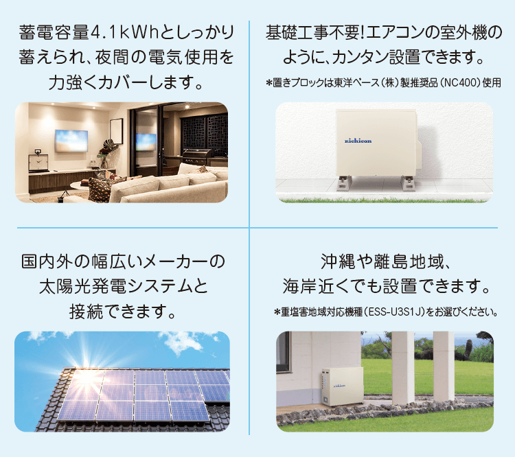 蓄電容量4.1kWhとしっかり蓄えられ、夜間の電気使用を力強くカバーします。　基礎工事不要！エアコンの室外機のように、カンタン設置できます。＊置きブロックは東洋ベース（株）製推奨品（NC400）使用　国内外の幅広いメーカーの太陽光発電システムと接続できます。　沖縄や離島地域、海岸近くでも設置できます。＊重塩害地域対応機種（ESS-U3S1J）をお選びください。