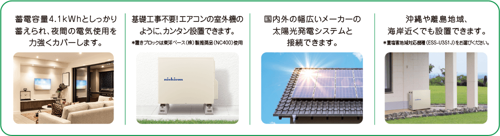 蓄電容量4.1kWhとしっかり蓄えられ、夜間の電気使用を力強くカバーします。　基礎工事不要！エアコンの室外機のように、カンタン設置できます。＊置きブロックは東洋ベース（株）製推奨品（NC400）使用　国内外の幅広いメーカーの太陽光発電システムと接続できます。　沖縄や離島地域、海岸近くでも設置できます。＊重塩害地域対応機種（ESS-U3S1J）をお選びください。