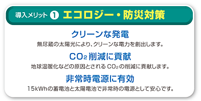 1.エコロジー クリーンな発電 無尽蔵の太陽光により、クリーンな電力を創出します。 CO2削減に貢献 地球温暖化などの原因とされるCO2の削減に貢献します。 非常時電源に有効 15kWhの蓄電池と太陽電池で非常時の電源として安心です。