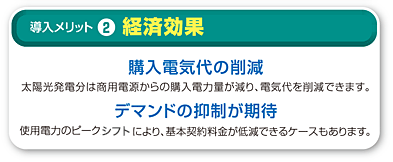 2.経済効果 購入電気代の削減 太陽光発電分は商用から購入電力量が減り、電気代を削減できます。 デマンドの抑制が期待 デマンドのピークカットにより、基本契約料金が低減できるケースもあります。