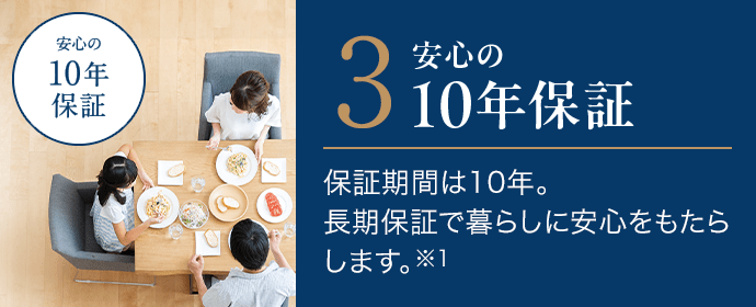 3．安心の10年保証。保証期間は10年。長期保証で暮らしに安心をもたらします。※1